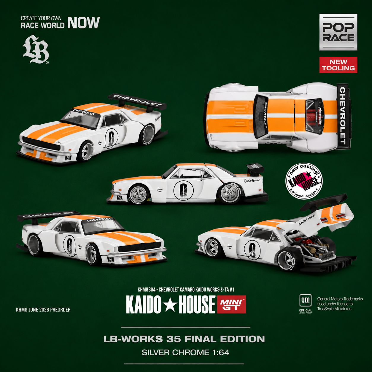 MINI GT – 1979 Chevrolet Camaro Kaido Works TA V1 – White/Orange – 1:64 (Pre-Order)